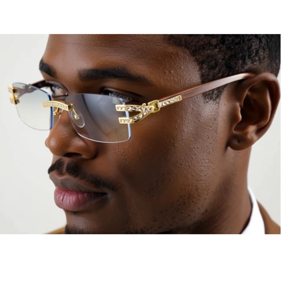Rimless Sunglasses Men Gold Clear Lens Wood Grain Arm Fashion Eyewear Rap Music